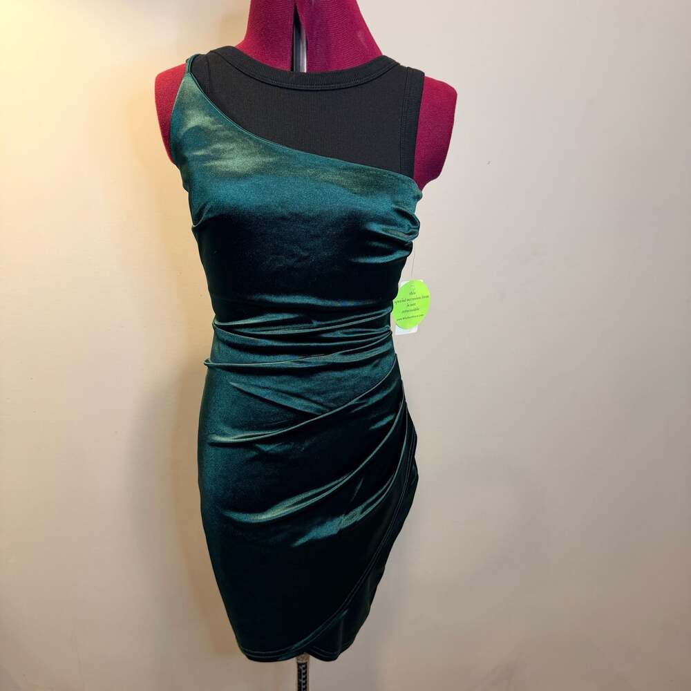 Windsor Hunter Green Satin One-Shoulder Ruched Bodycon Dress, S, NWT